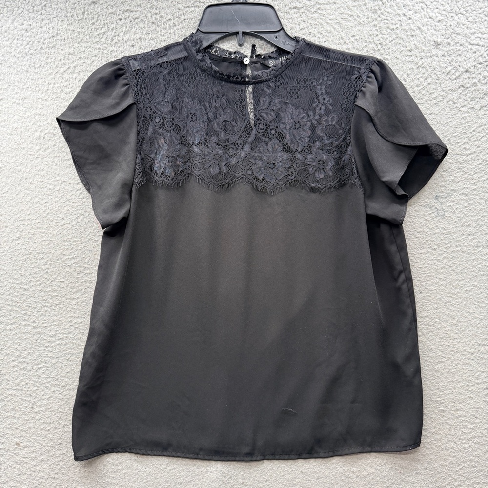 Zara Black Lace Crew Neck Top Blouse Sheer Floral Short Sleeves Button Back S